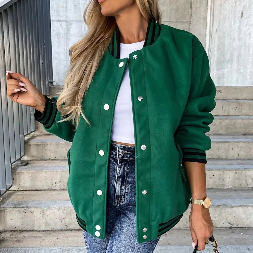 Fashion Women's Color Block Baseball Jacket with Pockets