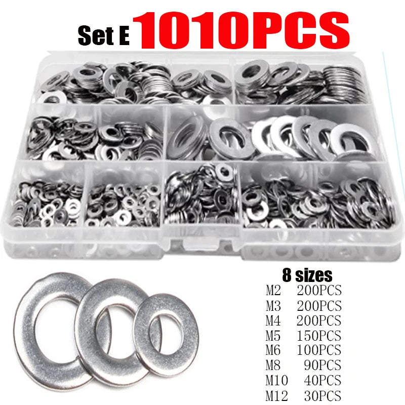 180/360/580/684/1010PCS Stainless Steel Washer M2 M3 M4 M5 M6 M8 M10 M12 Flat Washers Ring Plain Washer Gaskets Assortment Kit