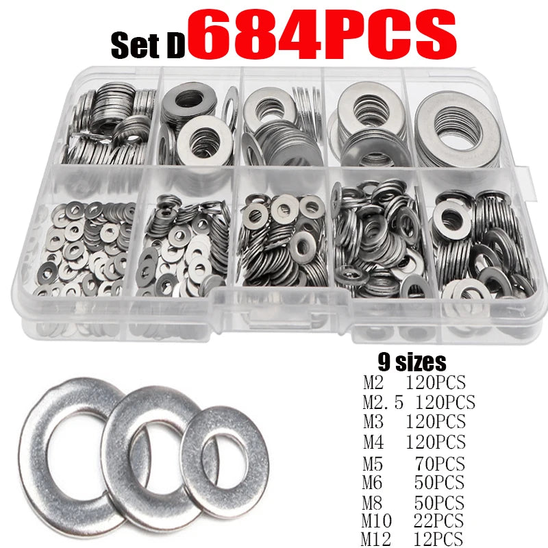 180/360/580/684/1010PCS Stainless Steel Washer M2 M3 M4 M5 M6 M8 M10 M12 Flat Washers Ring Plain Washer Gaskets Assortment Kit
