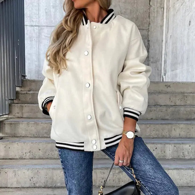 Fashion Women's Color Block Baseball Jacket with Pockets