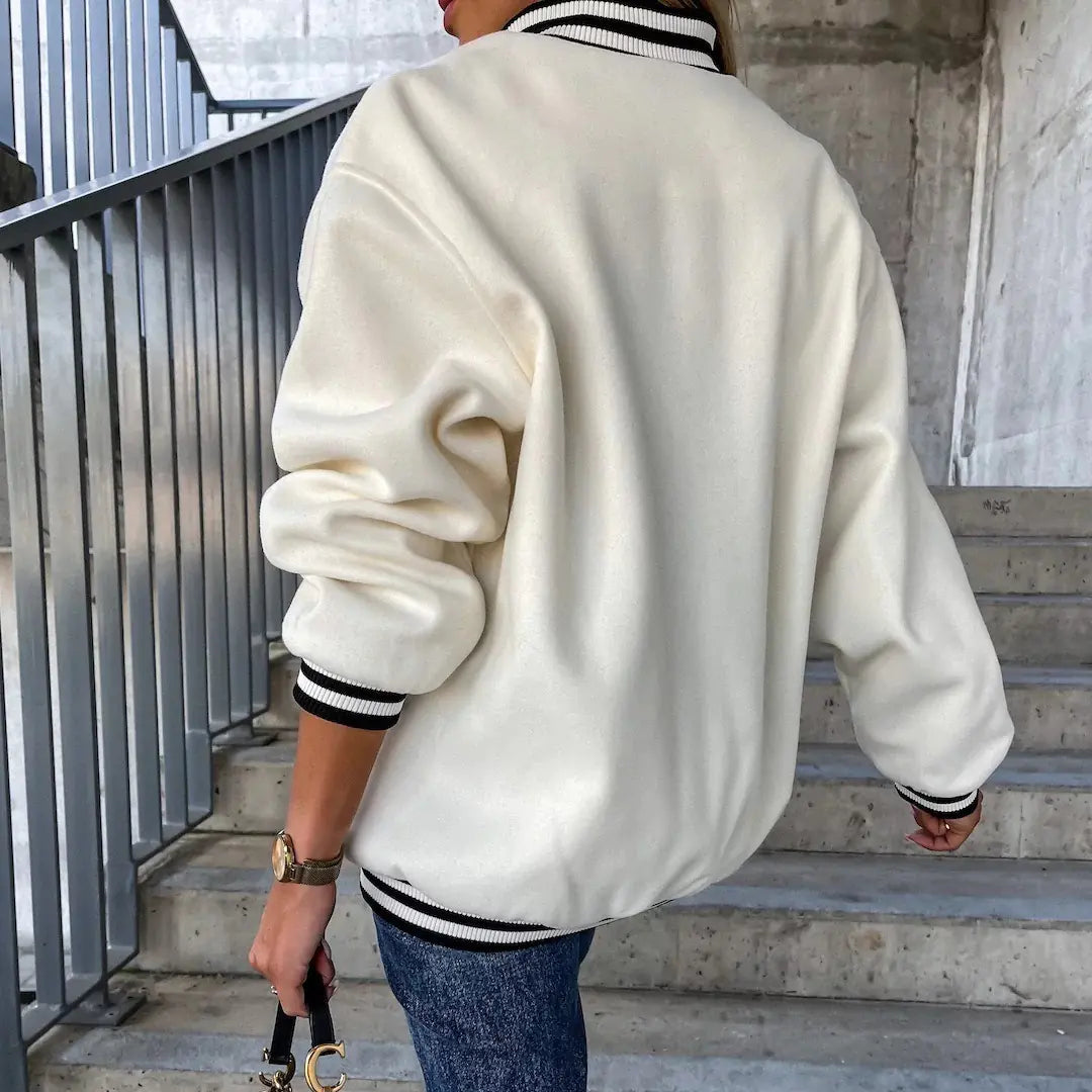 Fashion Women's Color Block Baseball Jacket with Pockets