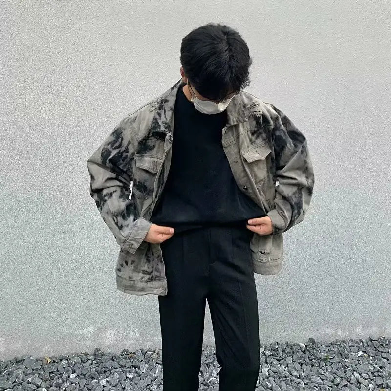 Men's Hip-hop Color Block Denim Jacket with Pockets