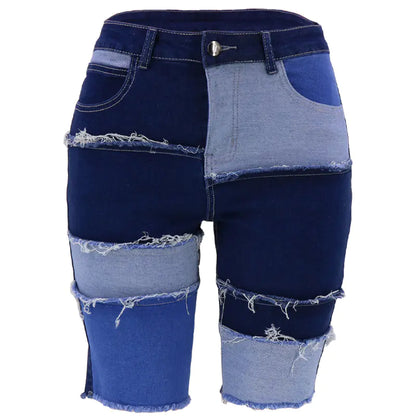 High Waist Color Block Denim Shorts with Pockets