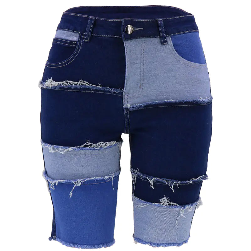 High Waist Color Block Denim Shorts with Pockets