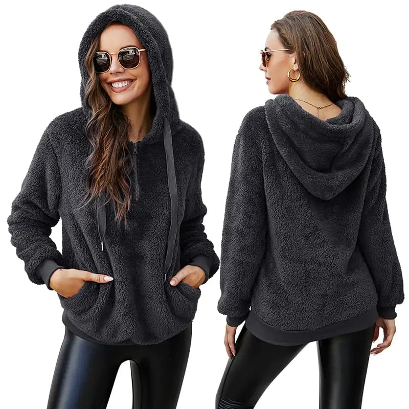 Women's Fleece Jacket with Zipper Hood and Collar