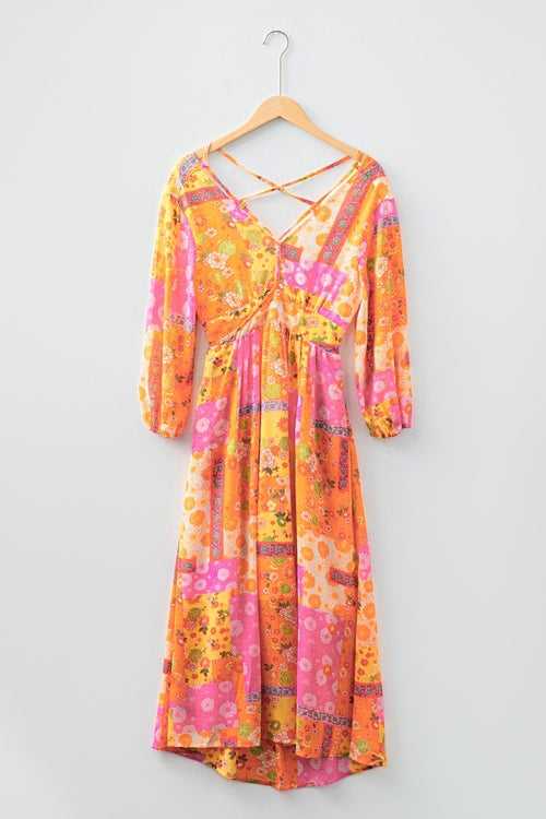 Floral Patchwork Cut-Out Tied Back Maxi Dress