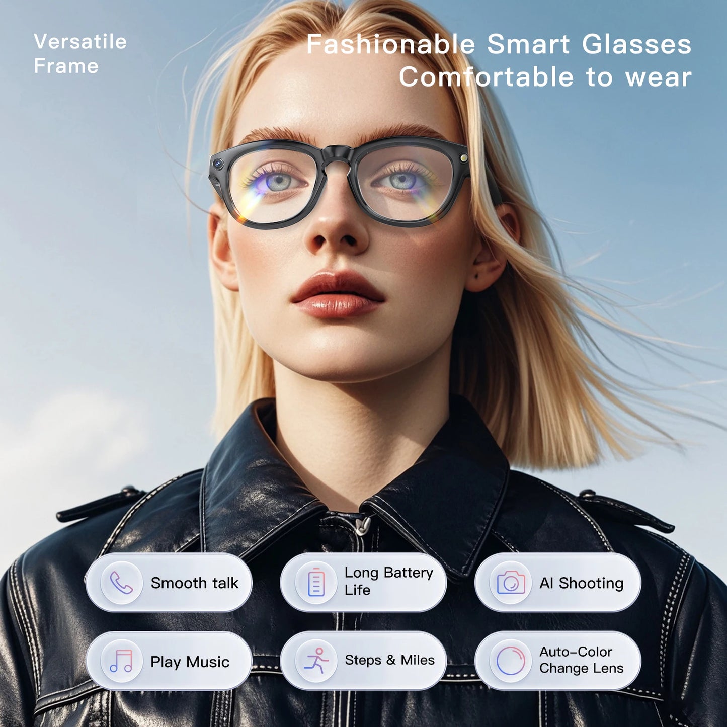 GS380 AI Smart Camera Glasses with Flashlight Take Photo Music Call Pedometer Distance Audio Wearable Video Recording Glasses