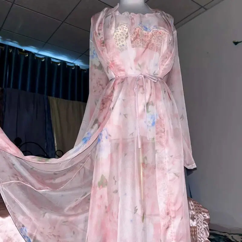 Pink Silk Printed See Through Suspender Nightgown Set Ruffled Suspender Dress Robe With Belt Silky Touch Nightdress Plus Size