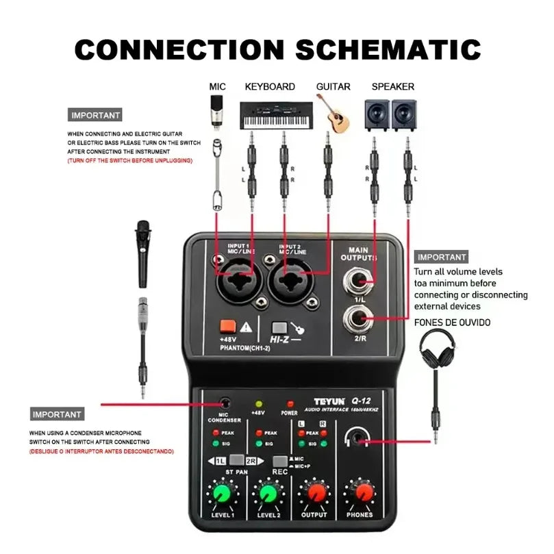 2 Channels Professional Portable Audio Interface Sound Card Console Mini USB MIXER for Guitar Recording Studio Singing TEYUN Q12