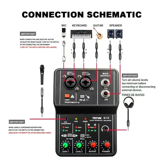 2 Channels Professional Portable Audio Interface Sound Card Console Mini USB MIXER for Guitar Recording Studio Singing TEYUN Q12