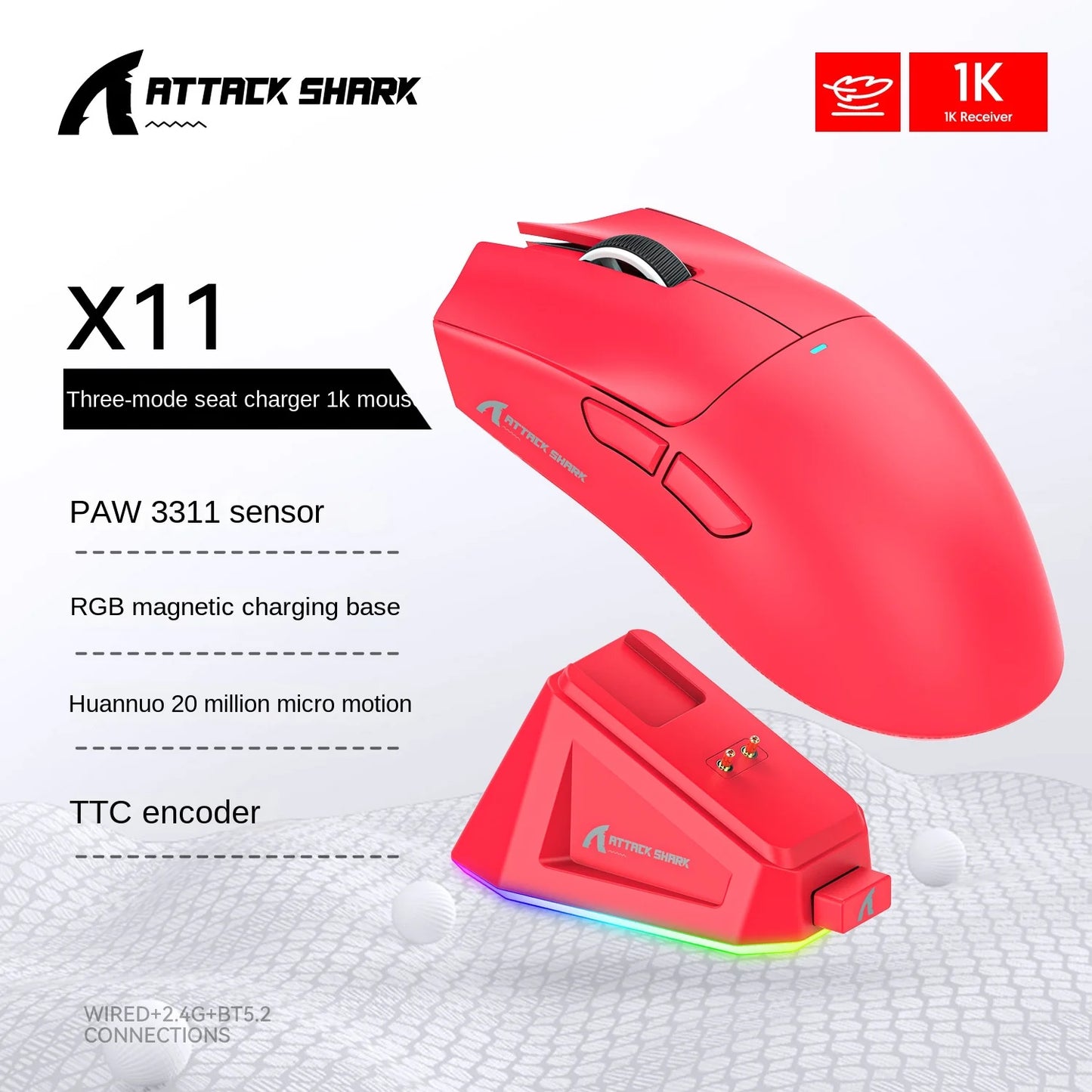 2026 Wireless Gaming Mouse - Tri-Mode (2.4GHz/Wired/Bluetooth) PAW3311 Sensor RGB PC Gam Mouse Connection Magnetic Charging Dock