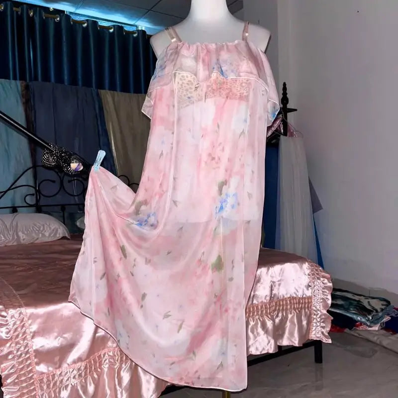 Pink Silk Printed See Through Suspender Nightgown Set Ruffled Suspender Dress Robe With Belt Silky Touch Nightdress Plus Size