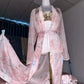 Pink Silk Printed See Through Suspender Nightgown Set Ruffled Suspender Dress Robe With Belt Silky Touch Nightdress Plus Size