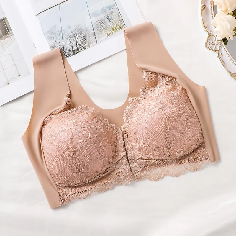 Ladies' Front-opening Bra, Fashionable Lace Lingerie, Full Cup Gathering, Lace Cutout Design