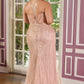 Beaded Halter Cutout Gown with Lace-Up Back and Mesh Overlay