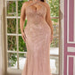 Beaded Halter Cutout Gown with Lace-Up Back and Mesh Overlay