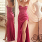 Strapless Sheath Night Out Soft Satin Gown w/ Beaded Corset Bodice & Gathered Waistline CDCD295