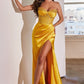 Strapless Sheath Night Out Soft Satin Gown w/ Beaded Corset Bodice & Gathered Waistline CDCD295