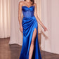 Strapless Sheath Night Out Soft Satin Gown w/ Beaded Corset Bodice & Gathered Waistline CDCD295