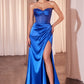 Strapless Sheath Night Out Soft Satin Gown w/ Beaded Corset Bodice & Gathered Waistline CDCD295