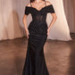 Fitted Satin & Lace Gown With Off The Shoulder Accessory
