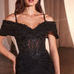 Fitted Satin & Lace Gown With Off The Shoulder Accessory