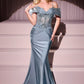 Fitted Satin & Lace Gown With Off The Shoulder Accessory