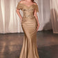 Fitted Satin & Lace Gown With Off The Shoulder Accessory