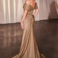 Fitted Satin & Lace Gown With Off The Shoulder Accessory