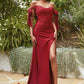 Off-Shoulder Stretch Jersey Bridesmaid Gown w/ Bow Straps & High Leg Slit CDCD943