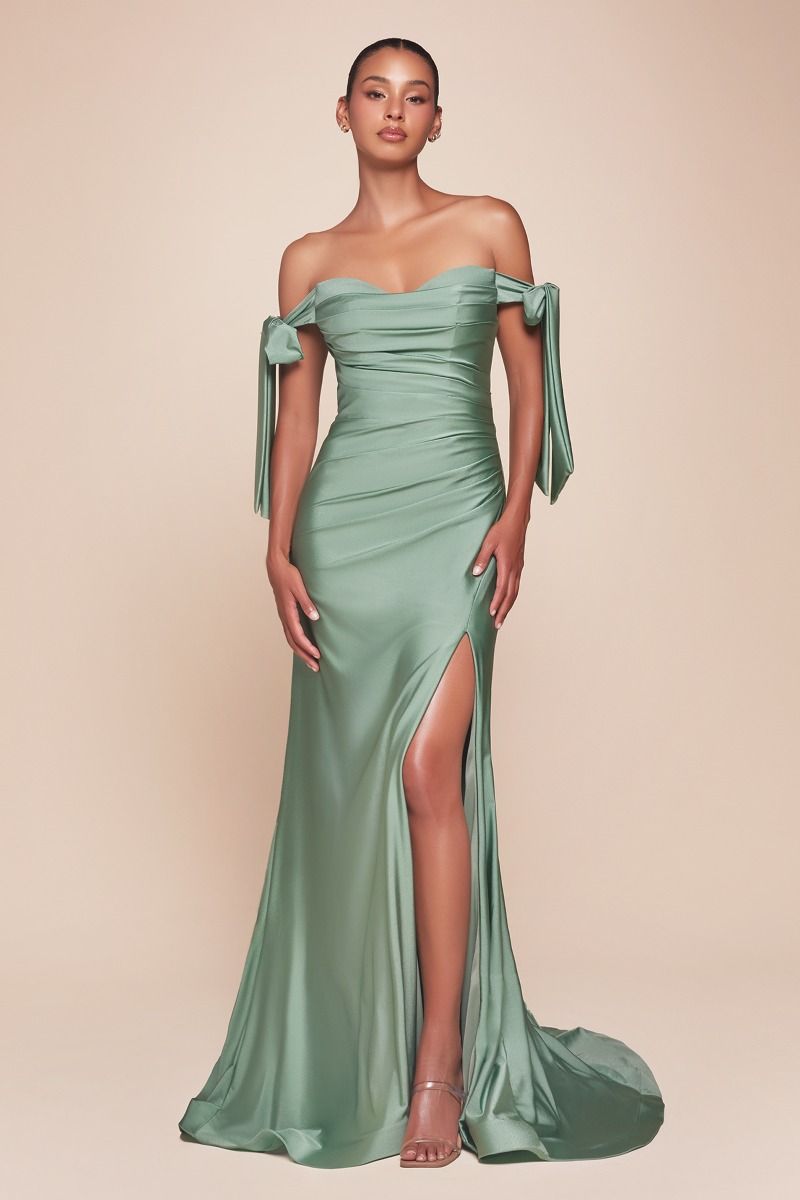Stretch Jersey Gathered Off or On Shoulder Bodice Leg Slit Long Prom & Bridesmaid Dress CDCD943