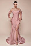 Off-Shoulder Stretch Jersey Bridesmaid Gown w/ Bow Straps & High Leg Slit CDCD943