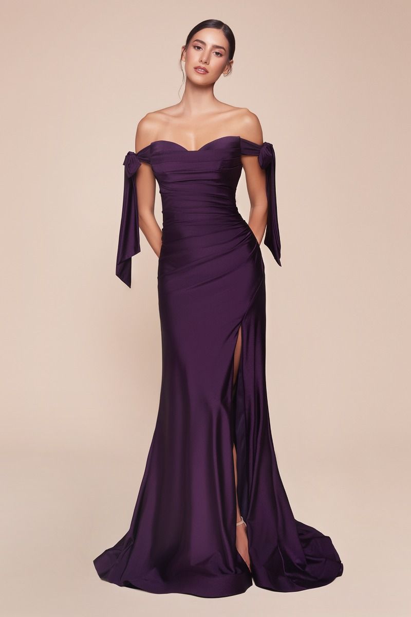 Stretch Jersey Gathered Off or On Shoulder Bodice Leg Slit Long Prom & Bridesmaid Dress CDCD943