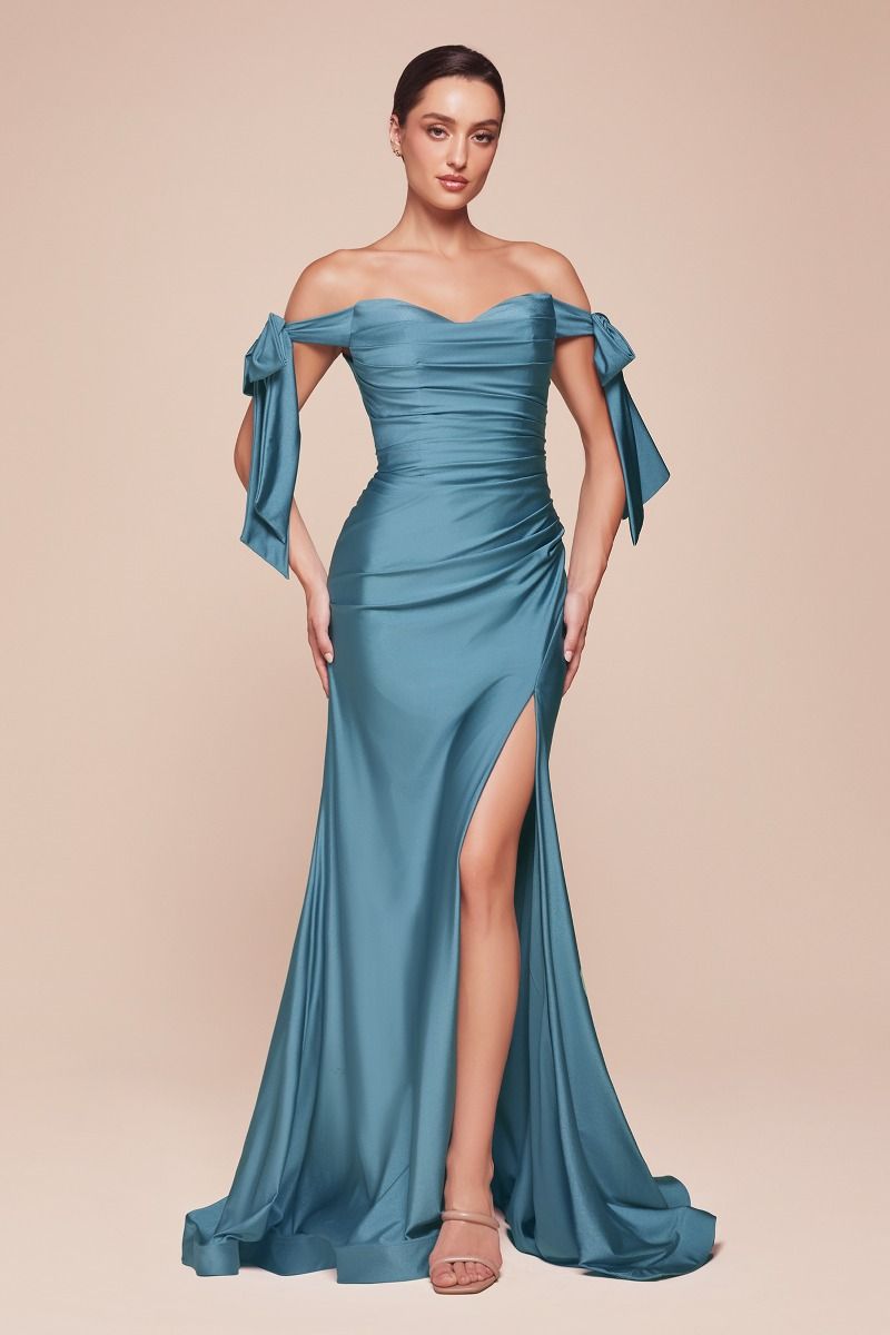 Stretch Jersey Gathered Off or On Shoulder Bodice Leg Slit Long Prom & Bridesmaid Dress CDCD943