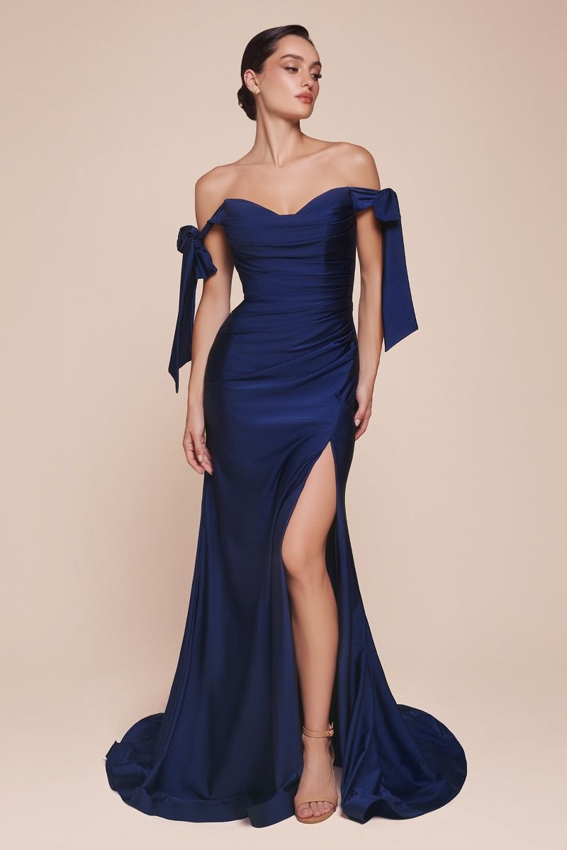 Stretch Jersey Gathered Off or On Shoulder Bodice Leg Slit Long Prom & Bridesmaid Dress CDCD943