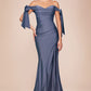 Off-Shoulder Stretch Jersey Bridesmaid Gown w/ Bow Straps & High Leg Slit CDCD943