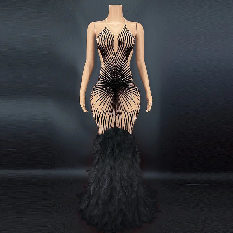Products Blue Rhinestone Feather Dress Mesh Red Evening Elegant Evening Dresses Luxury Abito Da Cerimonia Donna Birthday Dresses