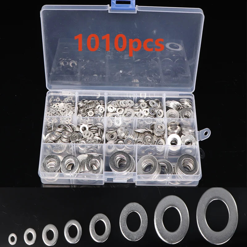 180/360/580/684/1010PCS Stainless Steel Washer M2 M3 M4 M5 M6 M8 M10 M12 Flat Washers Ring Plain Washer Gaskets Assortment Kit