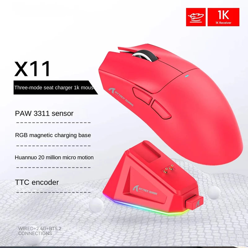 2026 Wireless Gaming Mouse - Tri-Mode (2.4GHz/Wired/Bluetooth) PAW3311 Sensor RGB PC Gam Mouse Connection Magnetic Charging Dock