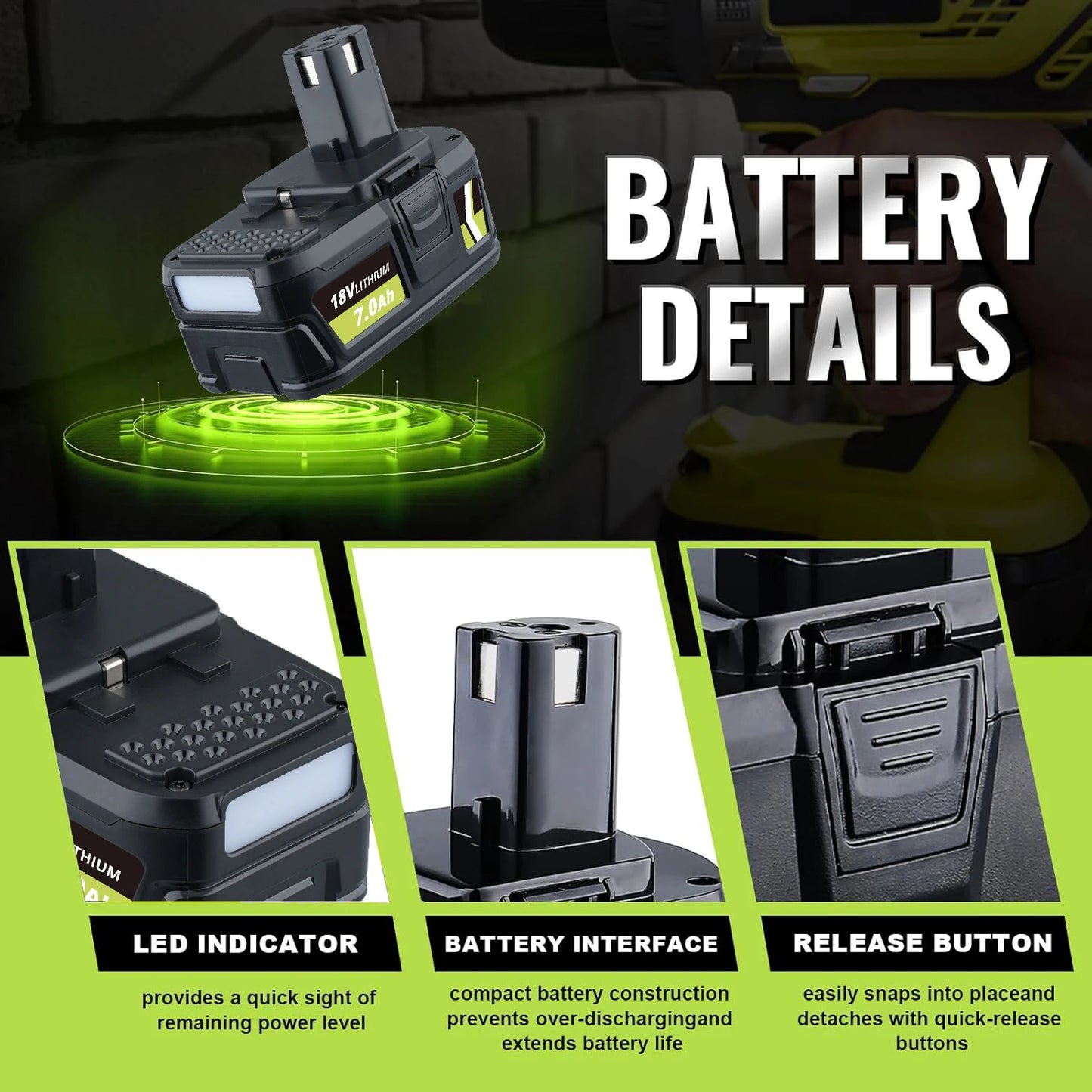 VANON 2Pack 7.0Ah P108 Li-on Replace for ryobi 18v P102 P103 P107 P109 Battery Pin Compatible with 18V Cordless Power Tools