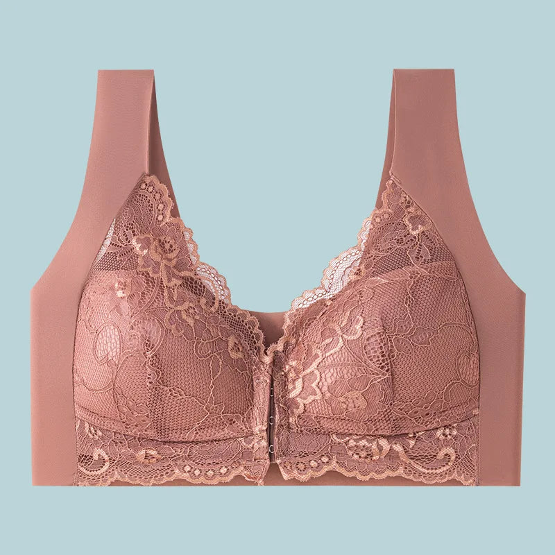 Ladies' Front-opening Bra, Fashionable Lace Lingerie, Full Cup Gathering, Lace Cutout Design