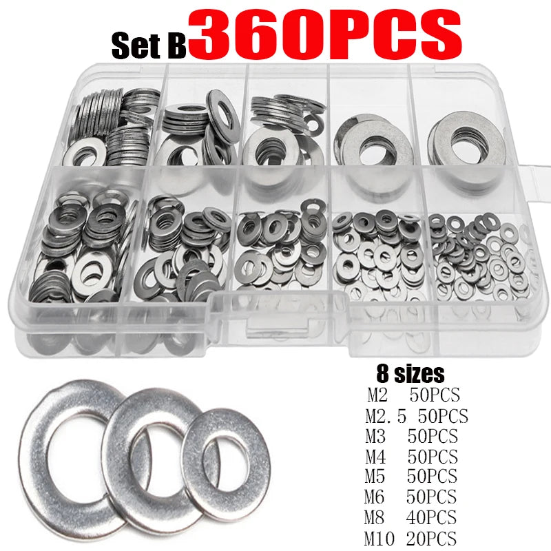 180/360/580/684/1010PCS Stainless Steel Washer M2 M3 M4 M5 M6 M8 M10 M12 Flat Washers Ring Plain Washer Gaskets Assortment Kit