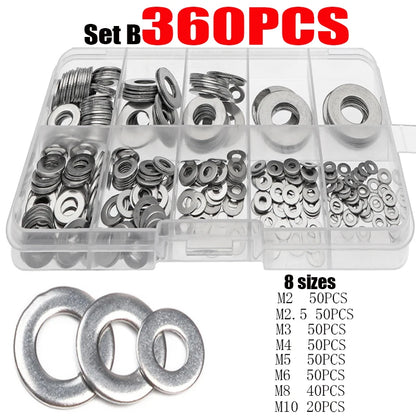 180/360/580/684/1010PCS Stainless Steel Washer M2 M3 M4 M5 M6 M8 M10 M12 Flat Washers Ring Plain Washer Gaskets Assortment Kit