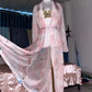 Pink Silk Printed See Through Suspender Nightgown Set Ruffled Suspender Dress Robe With Belt Silky Touch Nightdress Plus Size
