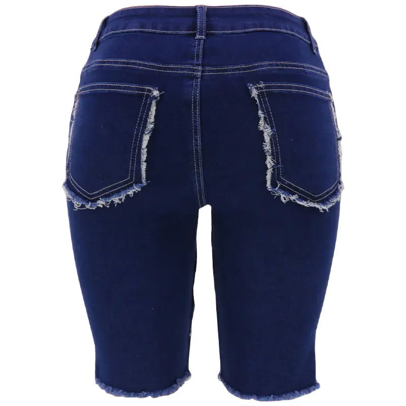 High Waist Color Block Denim Shorts with Pockets