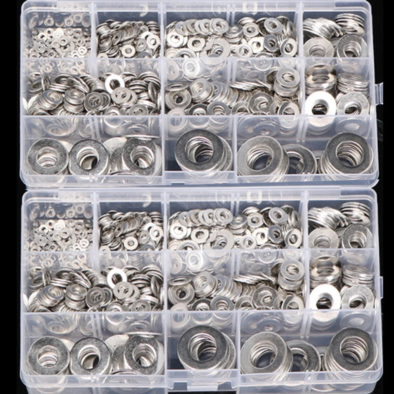 180/360/580/684/1010PCS Stainless Steel Washer M2 M3 M4 M5 M6 M8 M10 M12 Flat Washers Ring Plain Washer Gaskets Assortment Kit