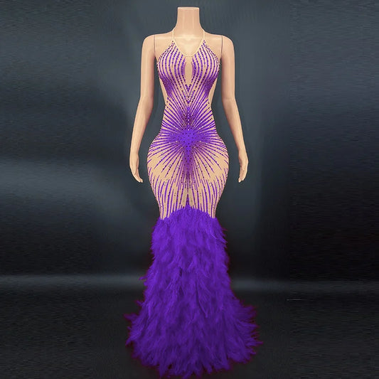Products Blue Rhinestone Feather Dress Mesh Red Evening Elegant Evening Dresses Luxury Abito Da Cerimonia Donna Birthday Dresses