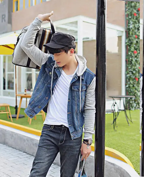 Men's Korean Style Denim Jacket with Removable Hood