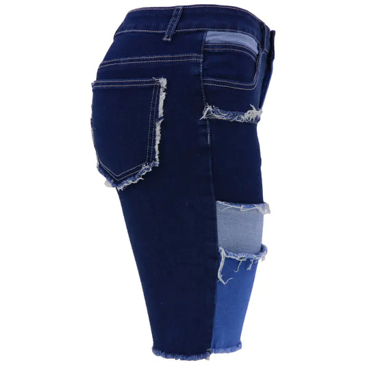 High Waist Color Block Denim Shorts with Pockets