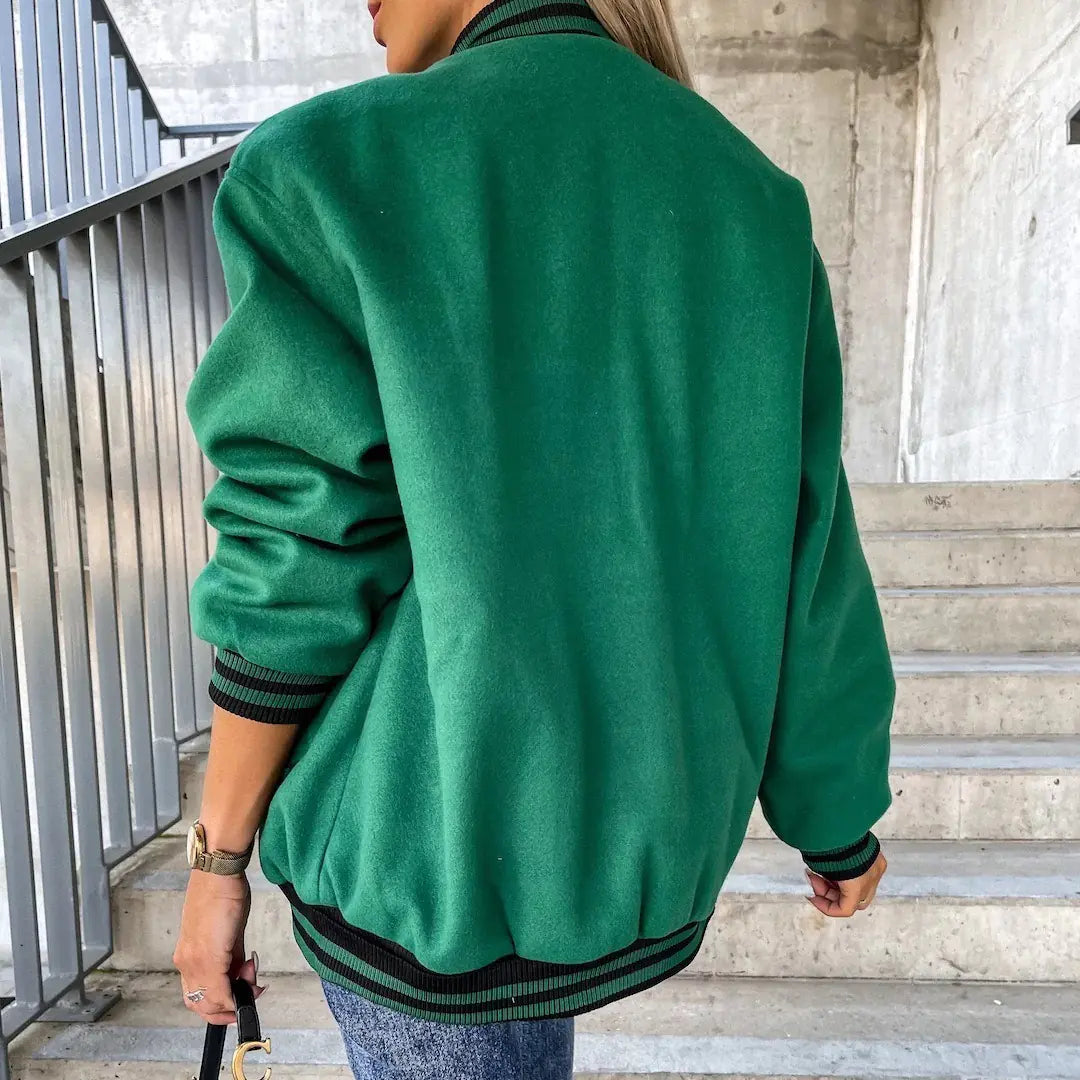 Fashion Women's Color Block Baseball Jacket with Pockets